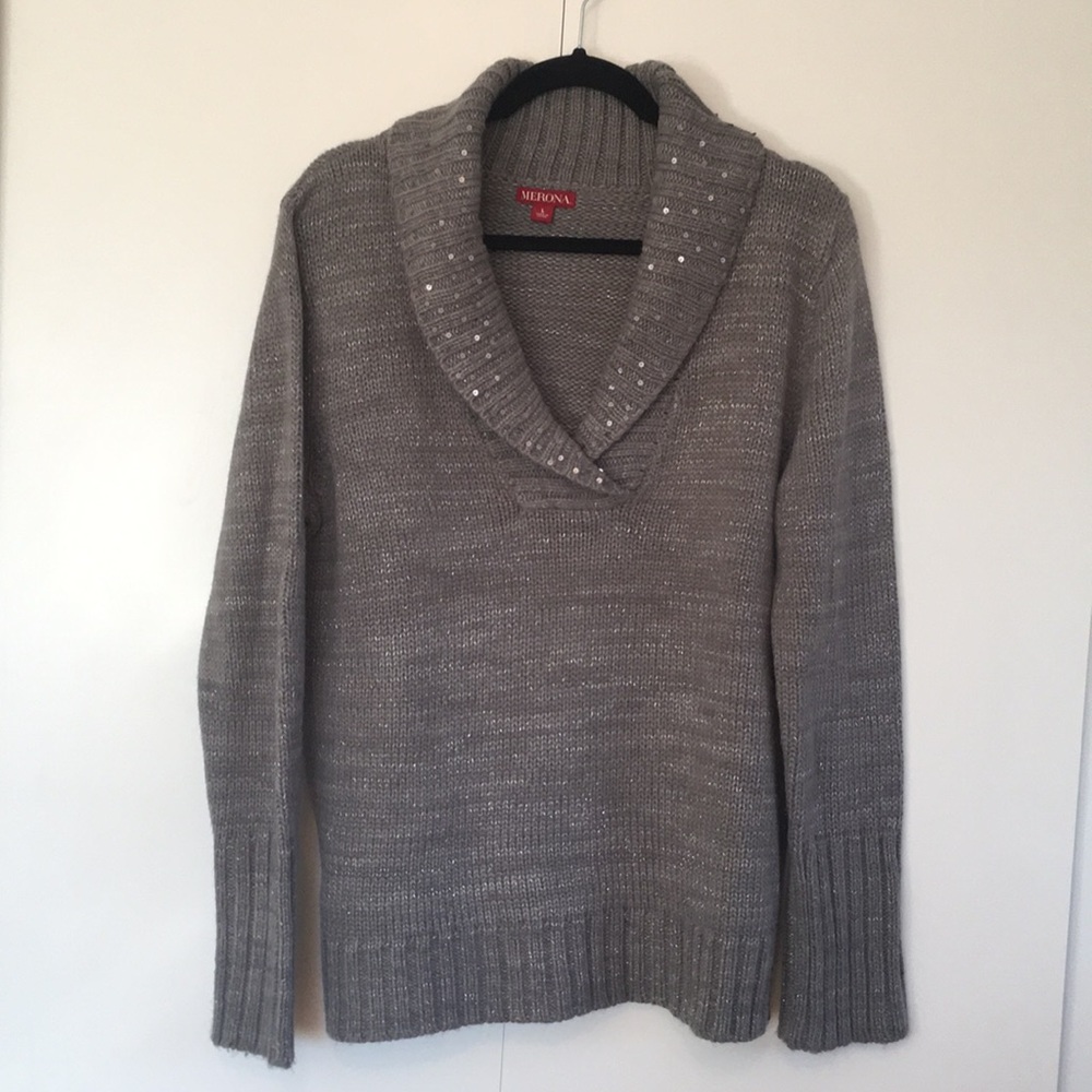 Sequin detail shawl collar sweater